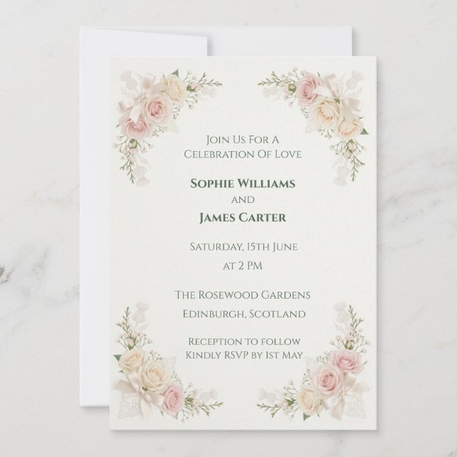 Convite de Casamento com Grinalda Floral Rosa (Frente)