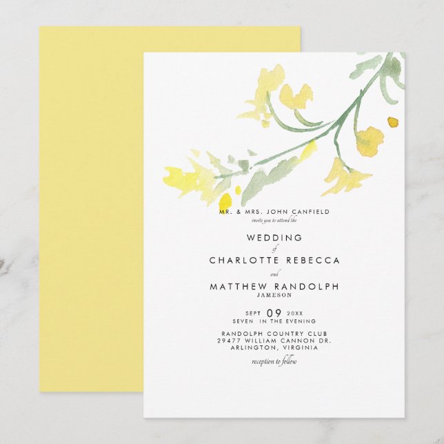 Convite de Casamento com Haste de Flor Silvestre A (Frente/Verso)