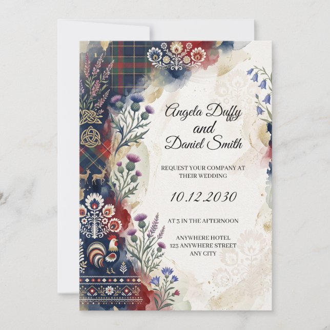 Convite de casamento com herança ítalo-escocesa (Frente)