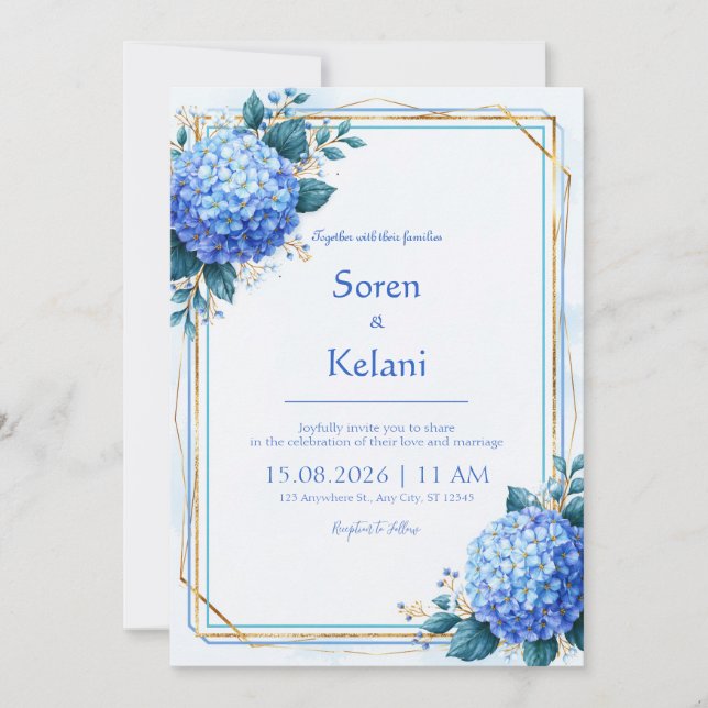 Convite de Casamento com Hidrangea Azul e Moldura  (Frente)