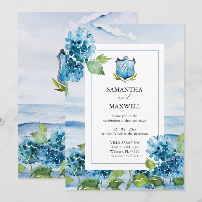 Convite de Casamento com Hidrangea Azul em Aquarel (Frente/Verso)