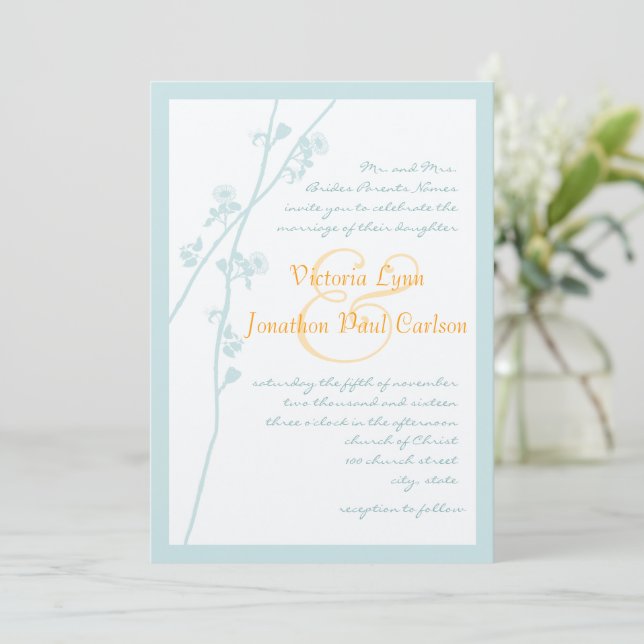 Convite de Casamento com Hortelã e Flor de Coral (Em pé/Frente)