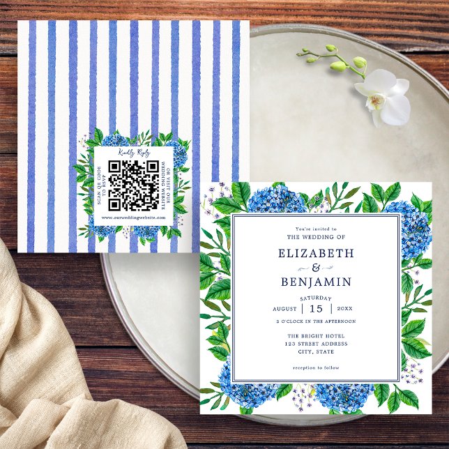 Convite de Casamento com Hortênsias Azuis e Código (Front / Back)