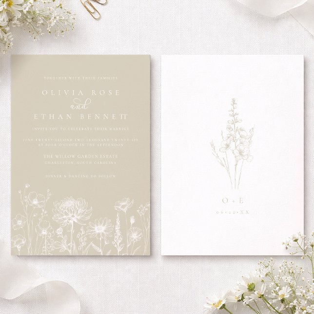 Convite de Casamento com Ilustração de Flor Silves (Wildflower Cream Wedding Invite)