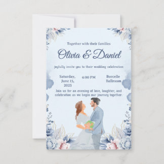 Convite de Casamento com Ilustração em Aquarela Az