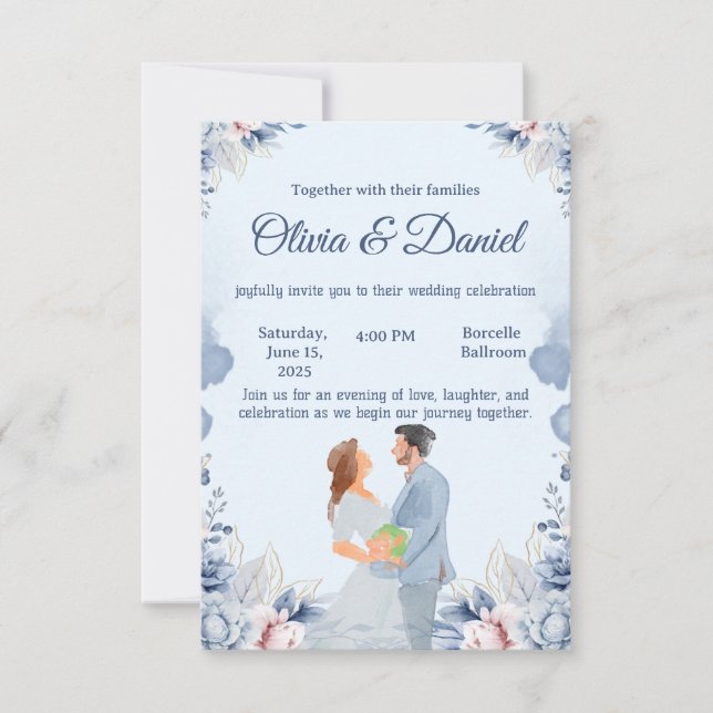 Convite de Casamento com Ilustração em Aquarela Az (Frente)
