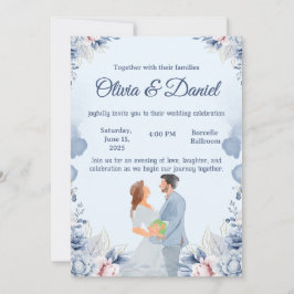 Convite de Casamento com Ilustração em Aquarela Az