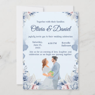 Convite de Casamento com Ilustração em Aquarela Az