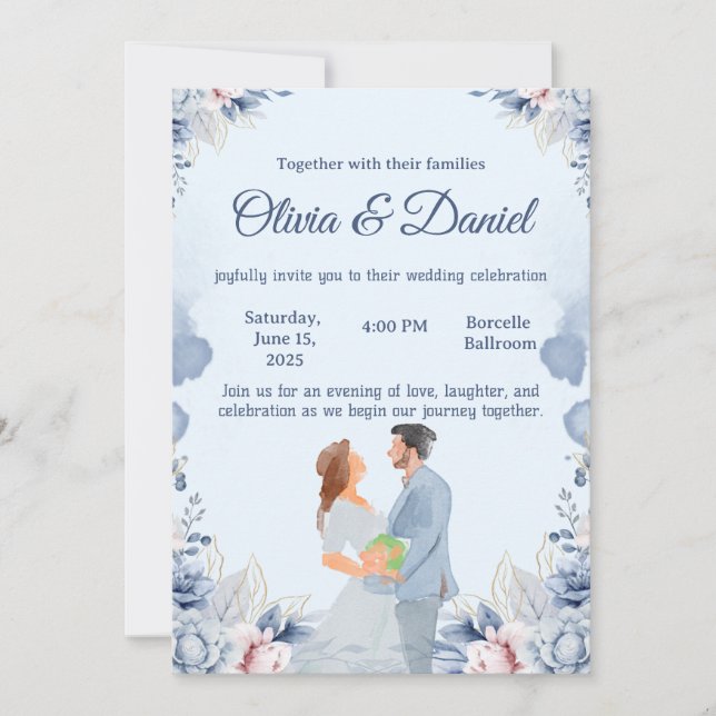 Convite de Casamento com Ilustração em Aquarela Az (Frente)