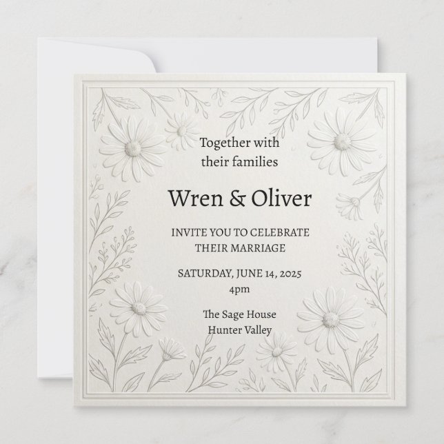 Convite de Casamento com Ilustração Floral de Marg (Frente)