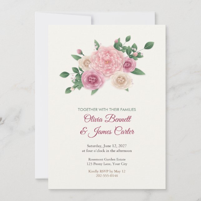 Convite de Casamento com Jardim Pintado de Rosa e  (Frente)