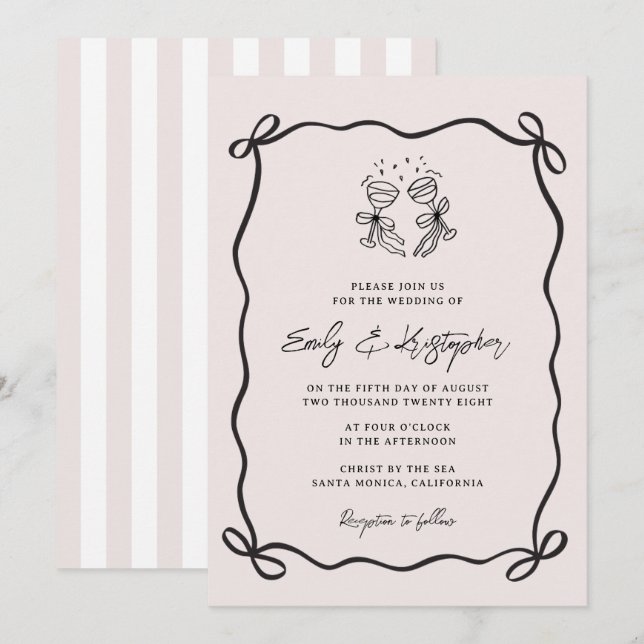Convite de Casamento com Laço Coquete Rosa (Frente/Verso)