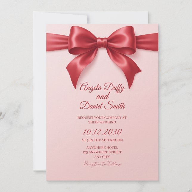 Convite de Casamento com Laço de Cetim Rosa (Frente)