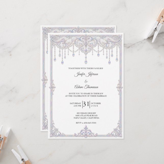 Convite de Casamento com Laço de Renda Iridescente (Frente/Verso In Situ)
