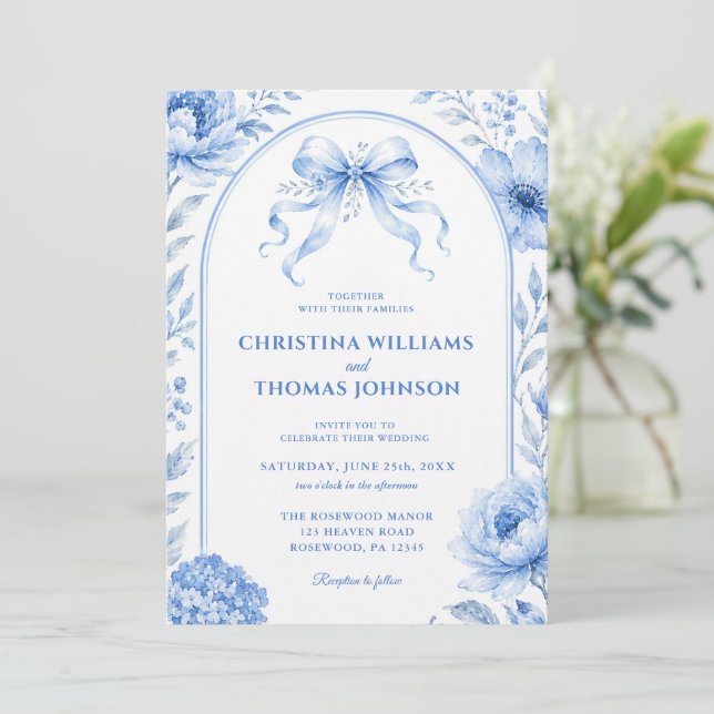 Convite de Casamento com Laço Floral em Arco Azul (Em pé/Frente)