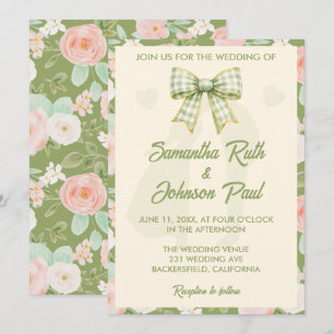 Convite de Casamento com Laço Xadrez Verde Flor Si