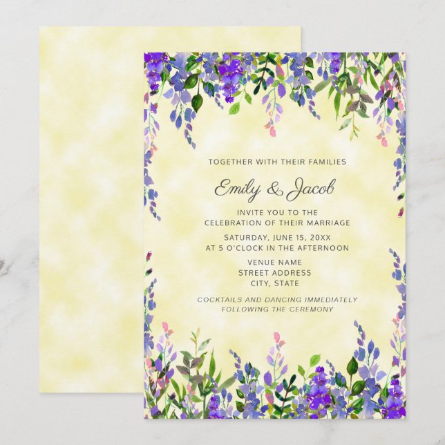 Convite de Casamento com Lavanda em Aquarela sobre (Frente/Verso)