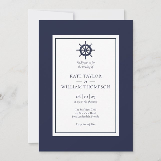 Convite de casamento com leme de navio azul marinh (Frente)