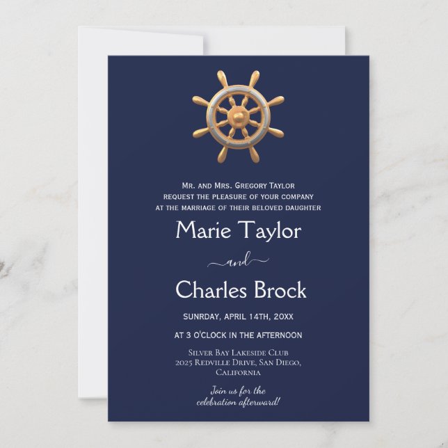 Convite de Casamento com Leme de Navio Náutico (Frente)