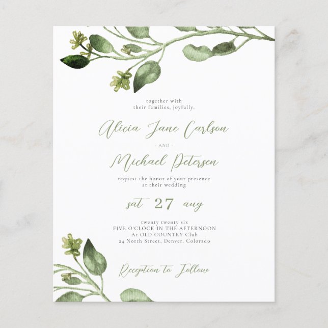 Convite de casamento com letra elegante e verde ec (Frente)