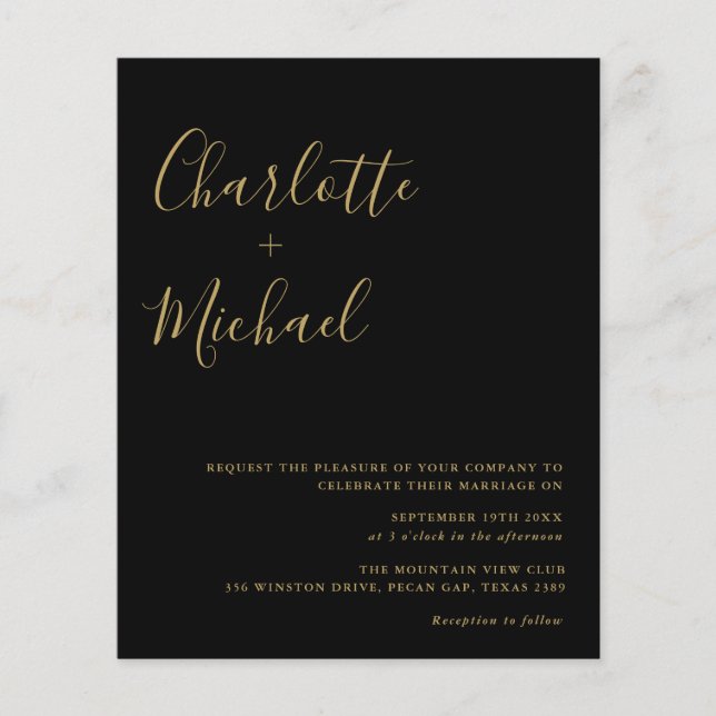 Convite de Casamento com Letra Preta e Dourada den (Frente)