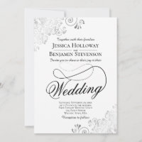 Convite de Casamento com Letra Rebuscada Prata e B