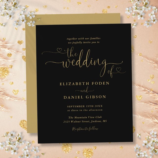 Convite de Casamento com Letras de Coração Preto e (Budget Black And Gold Hearts Script Wedding Invite)