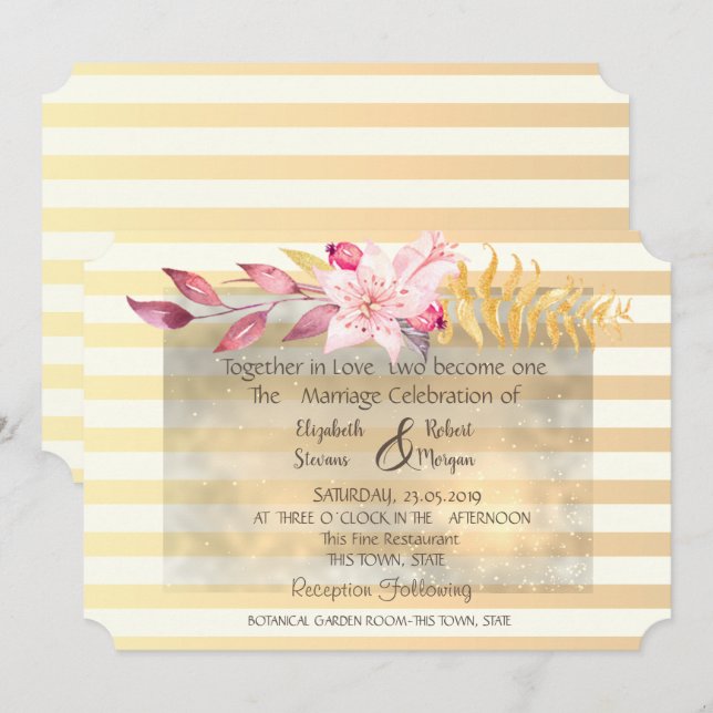 Convite de casamento com listras e flores chic mod (Frente/Verso)