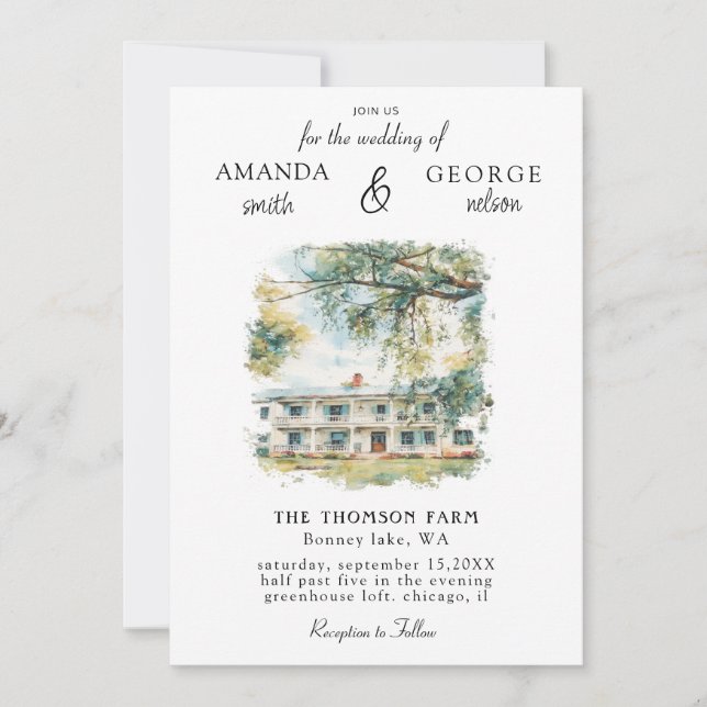 Convite de Casamento com Local em Aquarela (Frente)