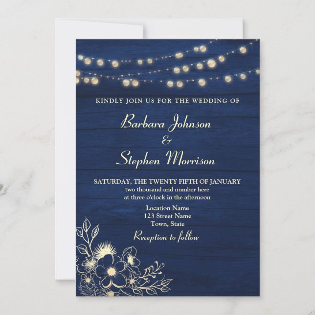 Convite de Casamento com Luzes de Corda Azul Marin (Frente)