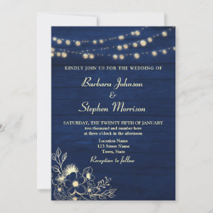 Convite de Casamento com Luzes de Corda Azul Marin