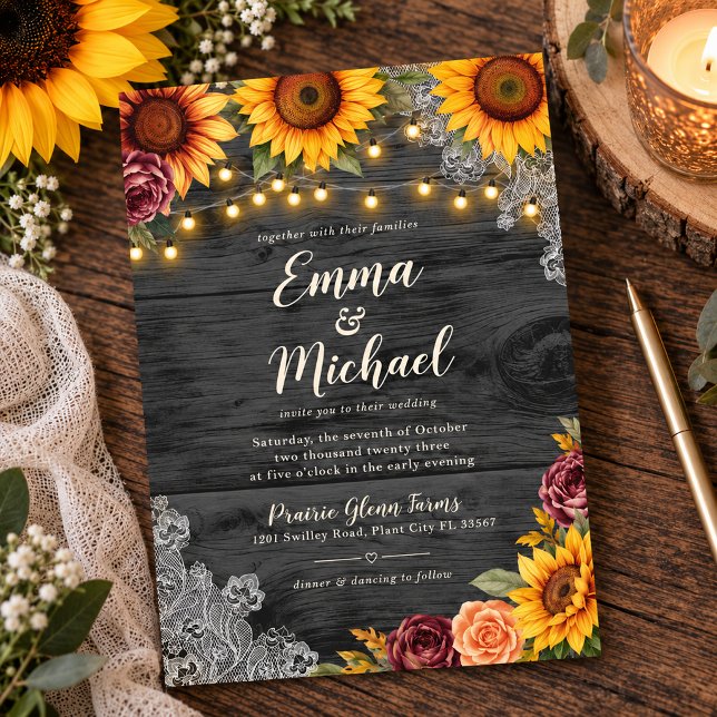 Convite de Casamento com Luzes de Corda de Girassó (Rustic Sunflower Wedding Invitation)