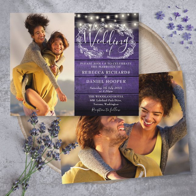 Convite de Casamento com Luzes de Corda Roxas Orça (Budget Purple String Lights 2 Photo Wedding Invite)