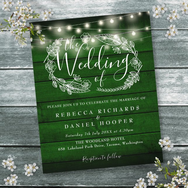 Convite de Casamento com Luzes de Corda Rústicas E (Budget Green Rustic String Lights Wedding Invite)