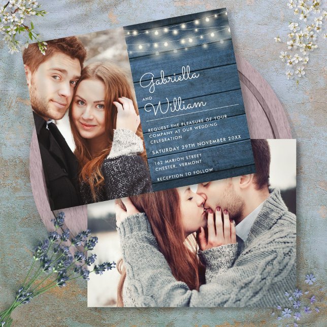 Convite de Casamento com Luzes de Corda Rústicas e (Budget Rustic String Lights Photo Wedding Invite)