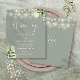 Convite de Casamento com Luzes Florais Sage Verde