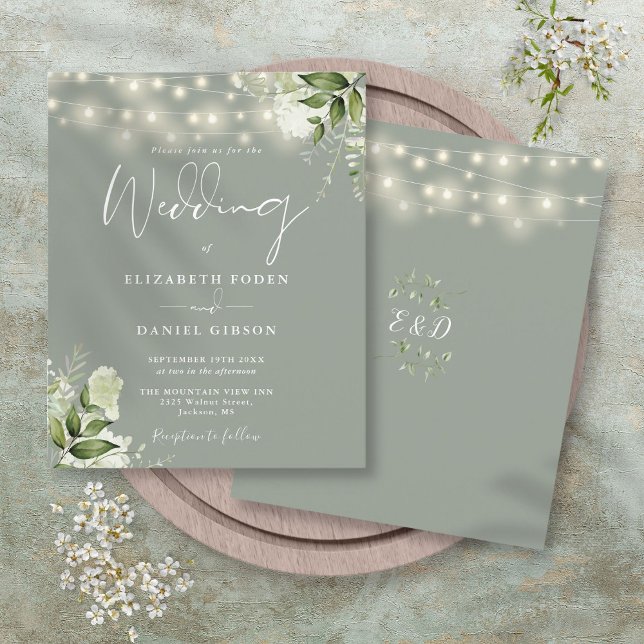 Convite de Casamento com Luzes Florais Sage Verde (Budget Floral Lights Sage Green Wedding Invitation)