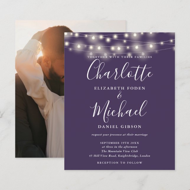 Convite de Casamento com Luzes Roxas e Foto com Or (Frente/Verso)