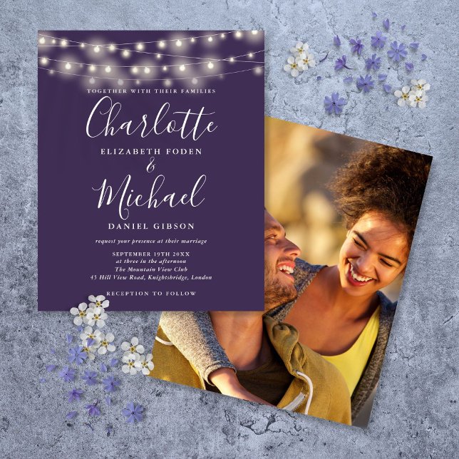 Convite de Casamento com Luzes Roxas em Foto (Budget Purple Lights Photo Wedding Invitation)