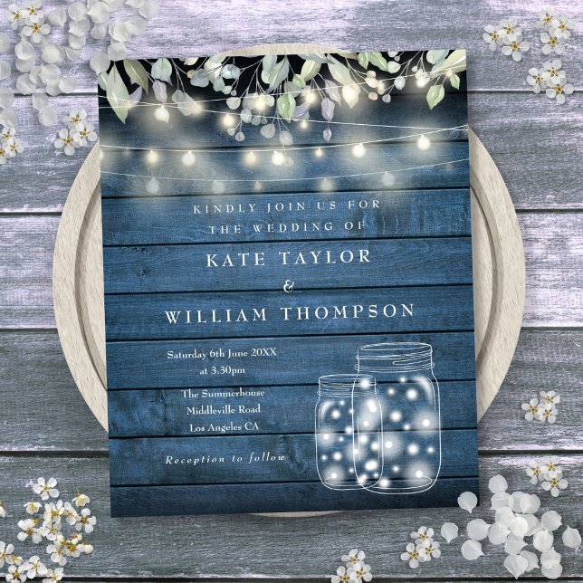 Convite de Casamento com Luzes Rústicas em Pote de (Budget Blue Rustic Lights Mason Jar Wedding Invite)