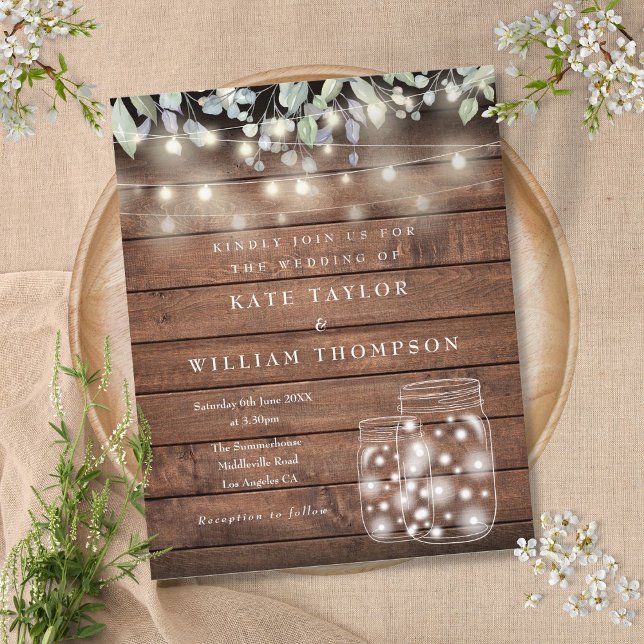 Convite de Casamento com Luzes Rústicas em Pote de (Budget Rustic Wood Lights Mason Jar Wedding Invite)