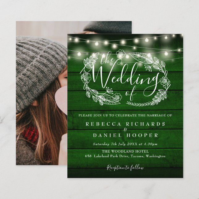 Convite de Casamento com Luzes Rústicas Verdes Orç (Frente/Verso)