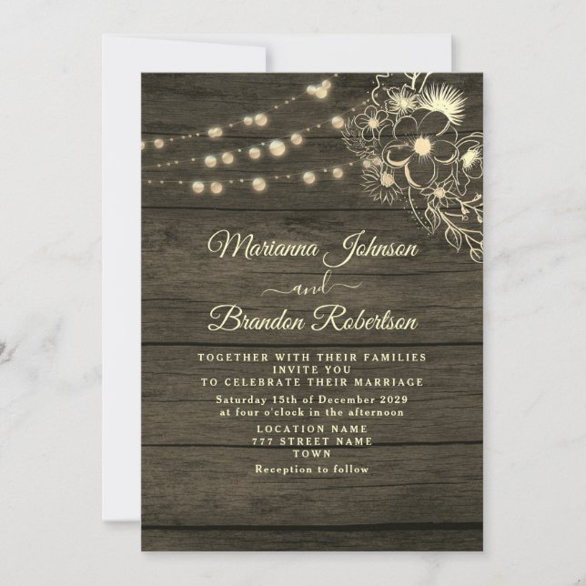 Convite de Casamento com Madeira Rústica e Luzes d (Frente)