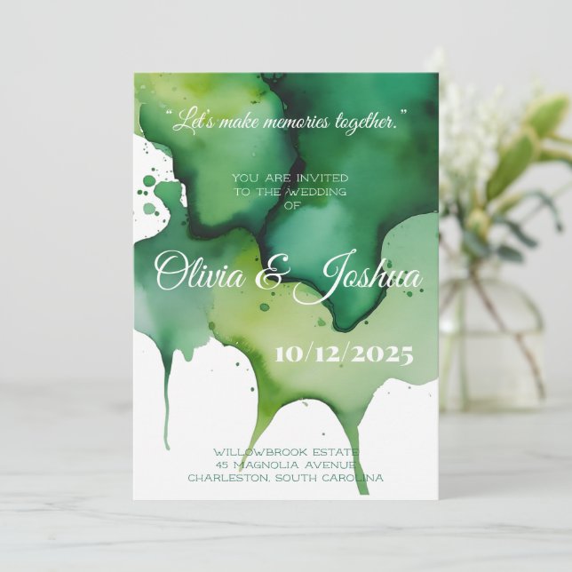 Convite de Casamento com Mancha de Aquarela Verde (Em pé/Frente)