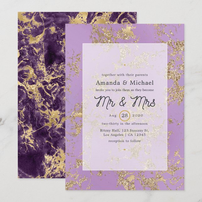 Convite de Casamento com Mármore Roxo e Dourado (Frente/Verso)