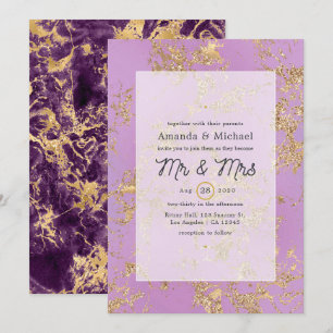 Convite de Casamento com Mármore Roxo e Dourado