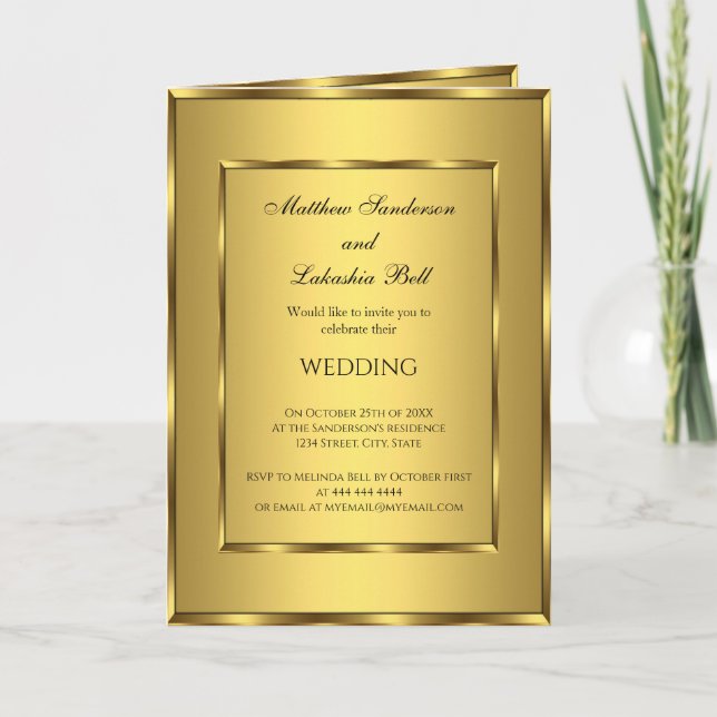 Convite de casamento com menu de recepção Dourado (Frente)