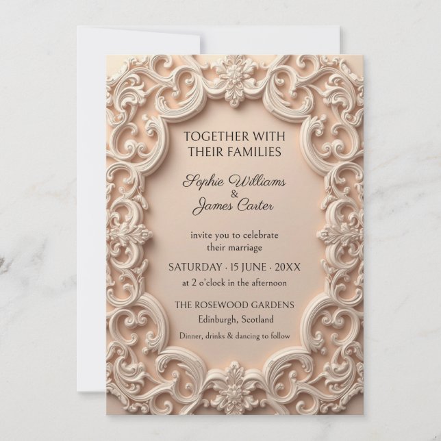 Convite de Casamento com Moldura Barroca Ivory Blu (Frente)