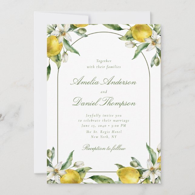 Convite de Casamento com Moldura de Limão e Floral (Frente)