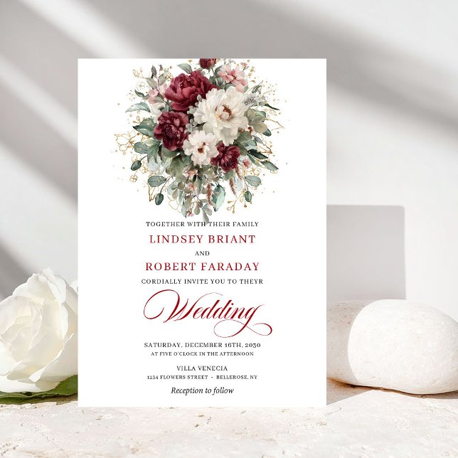 Convite de Casamento com Moldura de Ouro Branco Bo (Romantic Burgundy White Gold Frame Wedding Invite)